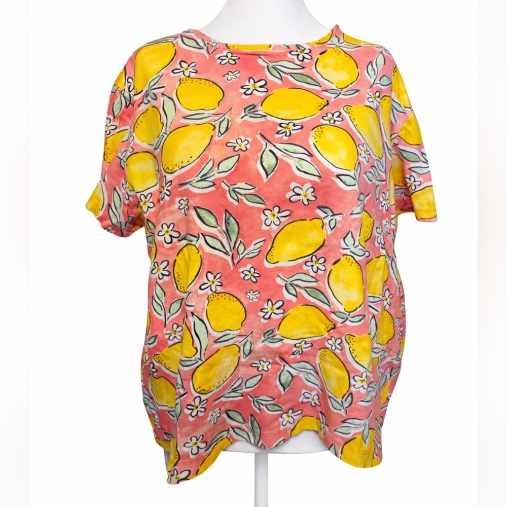 Kim Rogers Lemon Print Top 1X Pink 100% Cotton Summer Citrus Cute